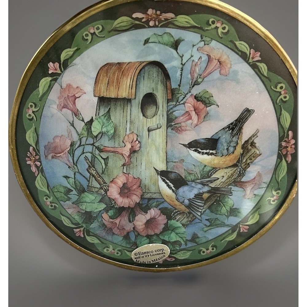 Enesco Suncatcher Birdhouse Morning Glories Birds Decorative Plate Gold Rim Vtg